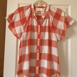 Anthropologie (MAEVE) Plaid Button Up Short Sleeve Top Orange Size M